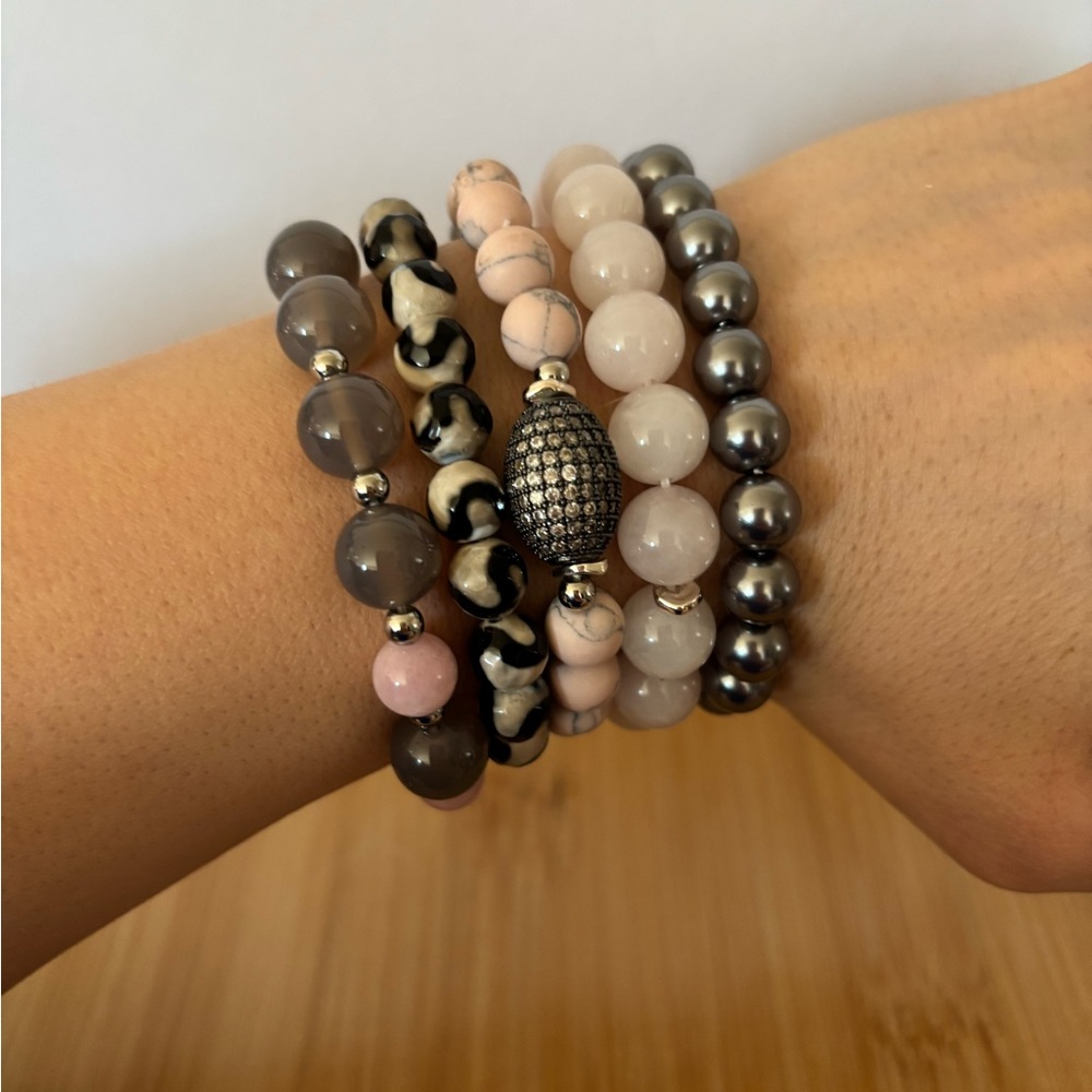 Handmade Rose Quartz Pink Howlite Agate Pearl Bracelet Stack Set of 5 NWT